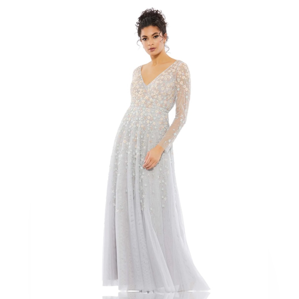 Mac Duggal 9131 Embellished Wrap Over Illusion A Line Gown Beaded‎ Floral 12 NWT